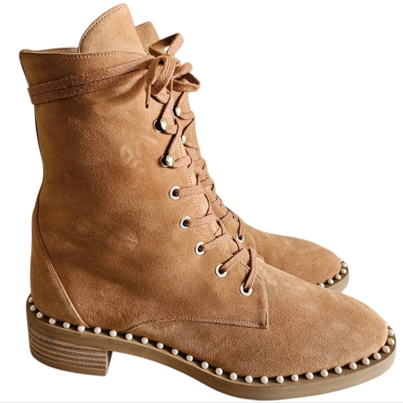 Stuart Weitzman Allie Suede Feminine Casual Leather Pearls Camel Boots Size 8. - Picture 2 of 9